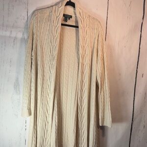 Lauren Ralph Lauren long Cream Cable  Knit Cardigan, open front.